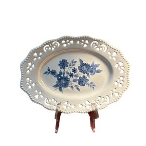 VINTAGE Home Interiors Blue Floral Reticulated Oval Plate